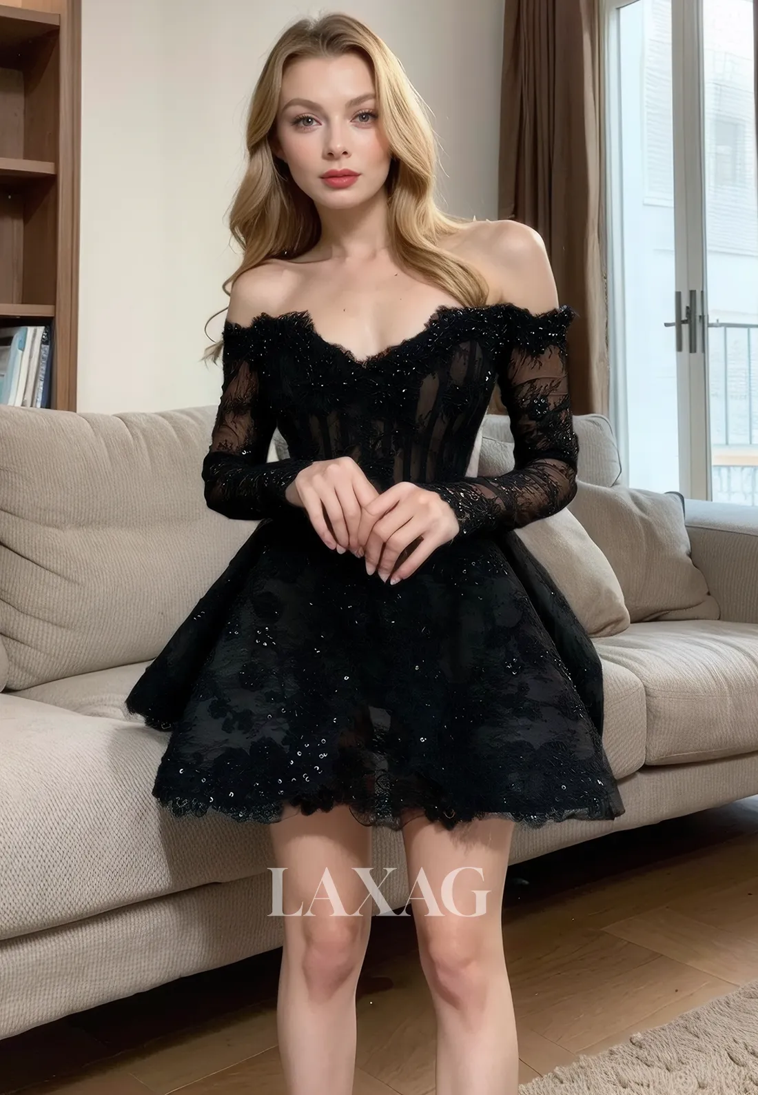 12169 - Black Off-Shoulder Sheer Lace Beaded Short A-Line Homecoming Dress