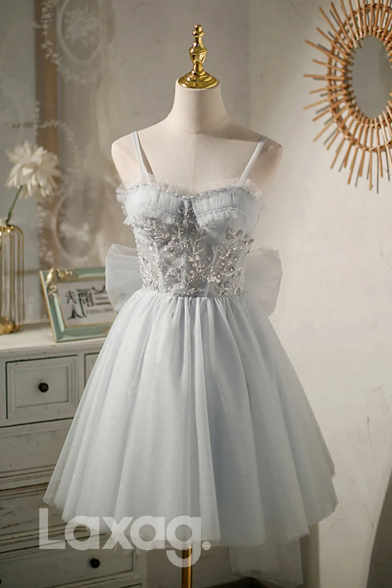 12196 - Spaghetti Straps Beads Grey Homecoming Dress