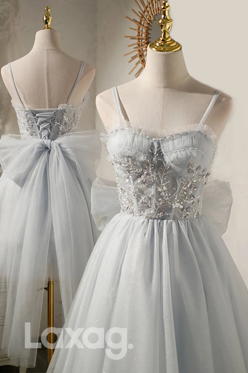 12196 - Spaghetti Straps Beads Grey Homecoming Dress