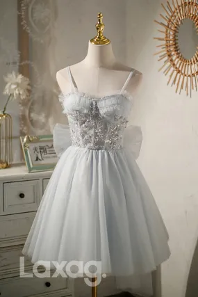 12196 - Spaghetti Straps Beads Grey Homecoming Dress