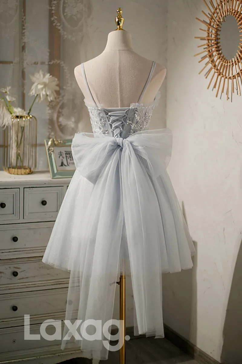 12196 - Spaghetti Straps Beads Grey Homecoming Dress