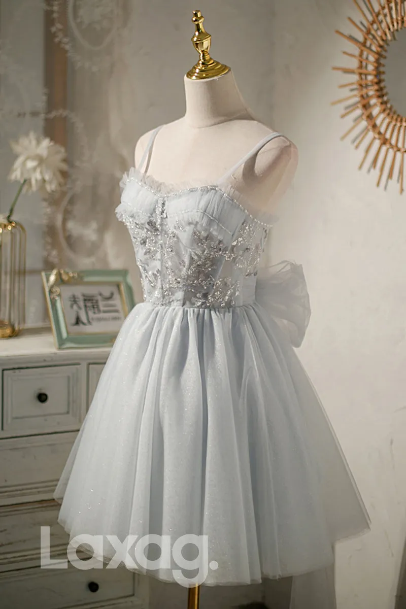 12196 - Spaghetti Straps Beads Grey Homecoming Dress