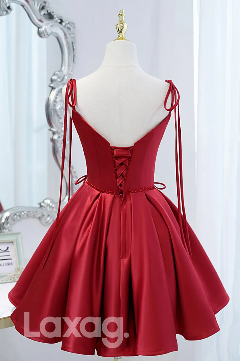 12199 - Spaghetti Straps Beads Burgundy Homecoming Dress