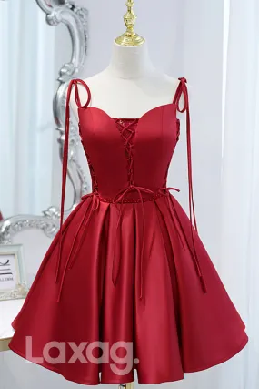 12199 - Spaghetti Straps Beads Burgundy Homecoming Dress