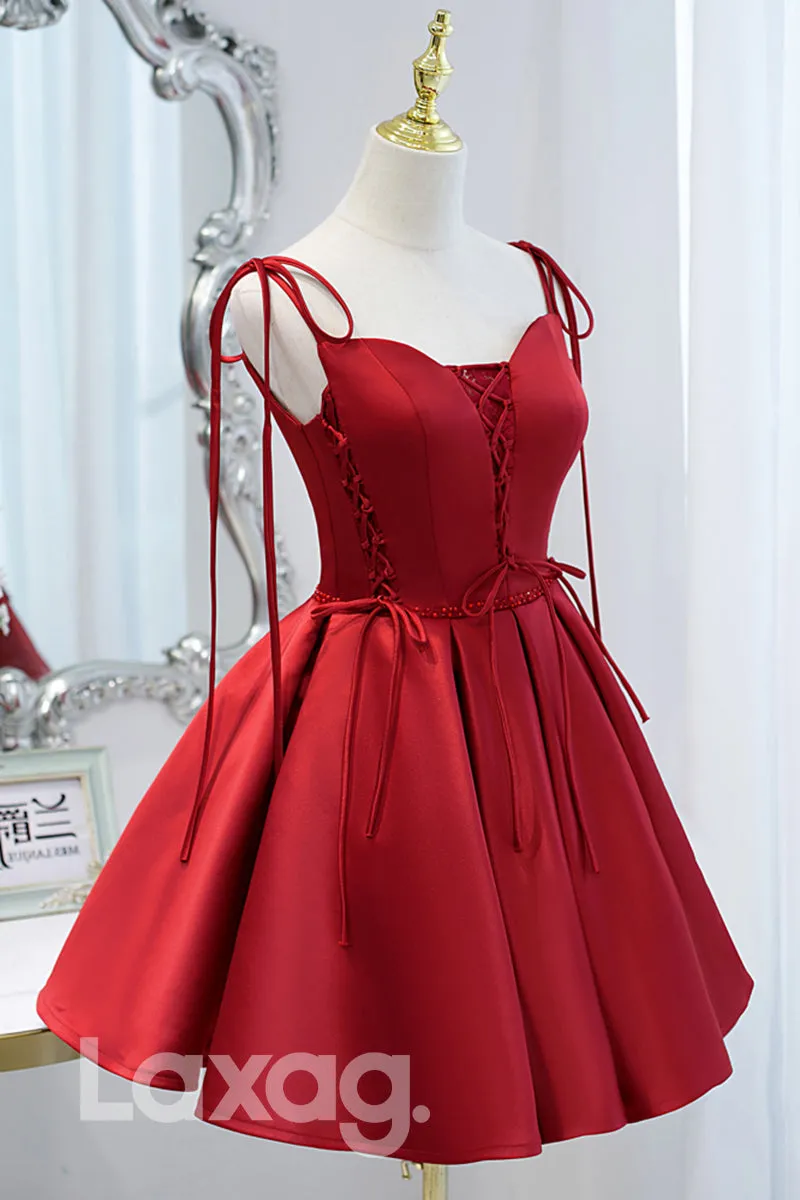 12199 - Spaghetti Straps Beads Burgundy Homecoming Dress