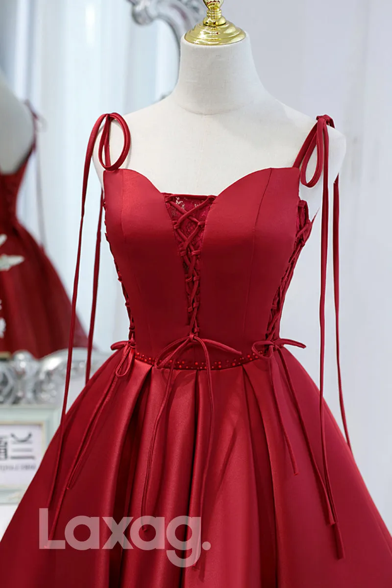 12199 - Spaghetti Straps Beads Burgundy Homecoming Dress