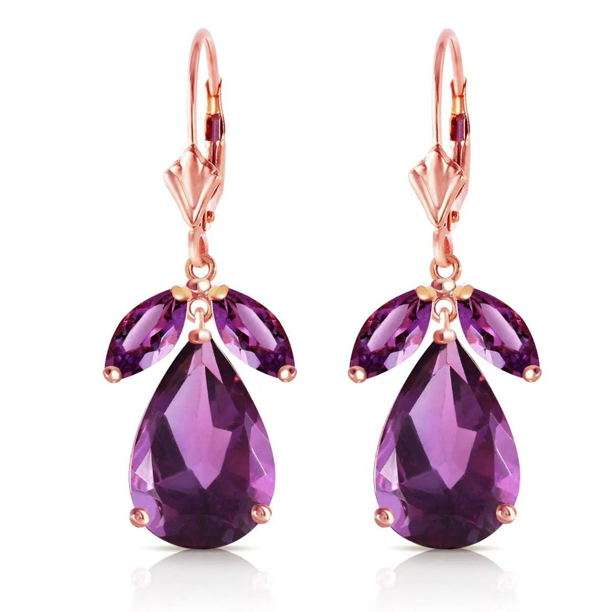 13 Carat 14K Solid Rose Gold Leverback Earrings Natural Amethyst