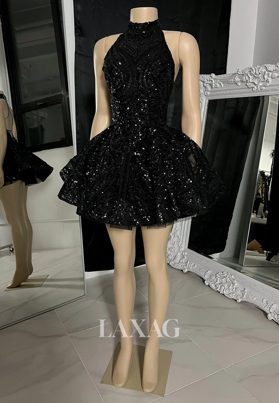 13148 - High Neck Gliter Lace-Up Ruched A-Line Homecoming Dress