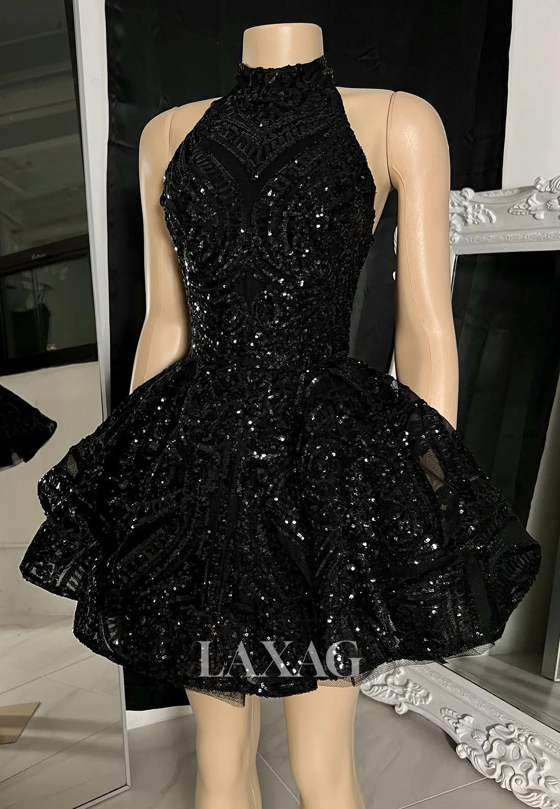 13148 - High Neck Gliter Lace-Up Ruched A-Line Homecoming Dress