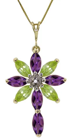 2 Carat 14K Solid White Gold Necklace Diamond, Purple Amethyst Peridot