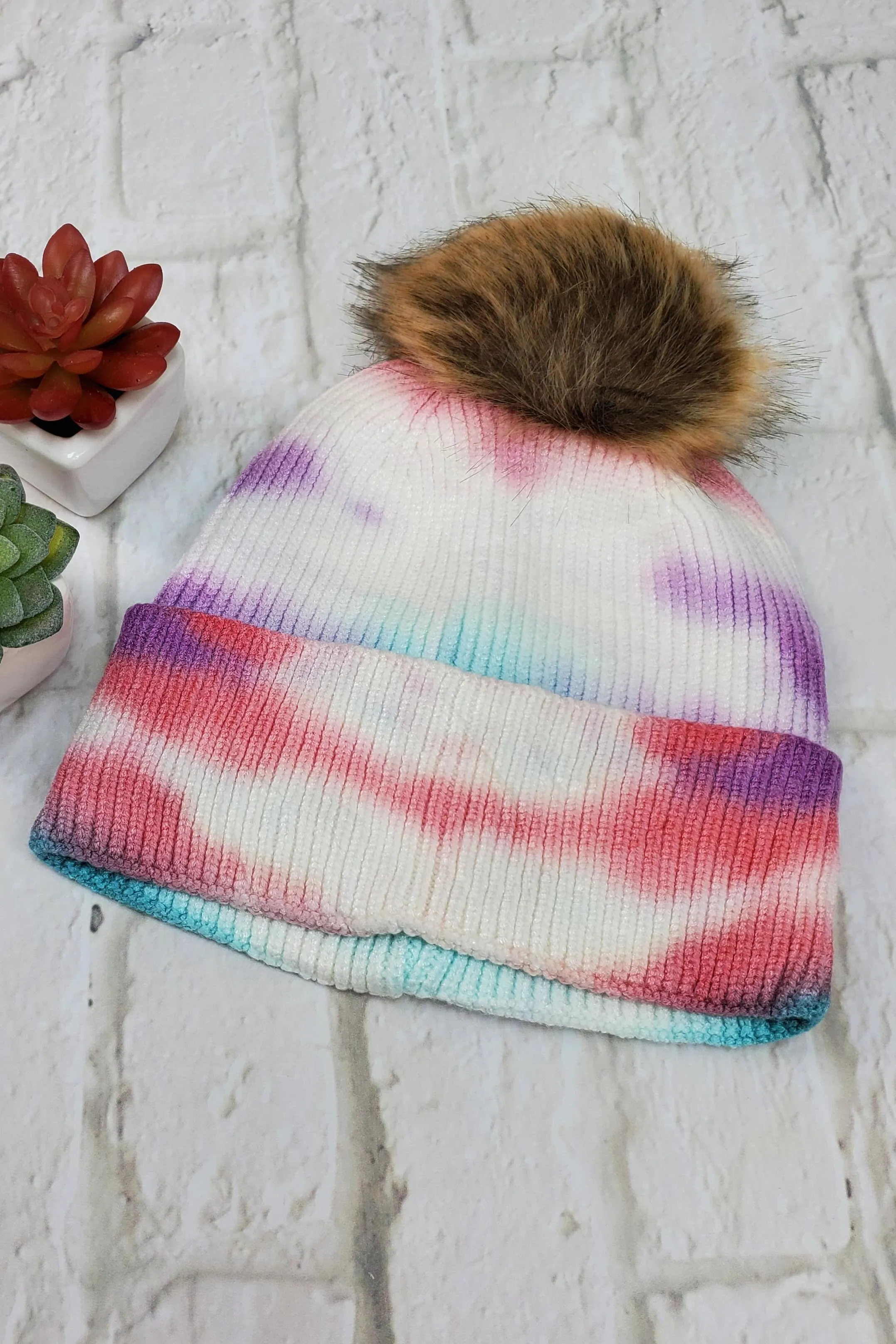 #35 Teal, Pink, Purple Tie-Dye Pom-Pom Beanie
