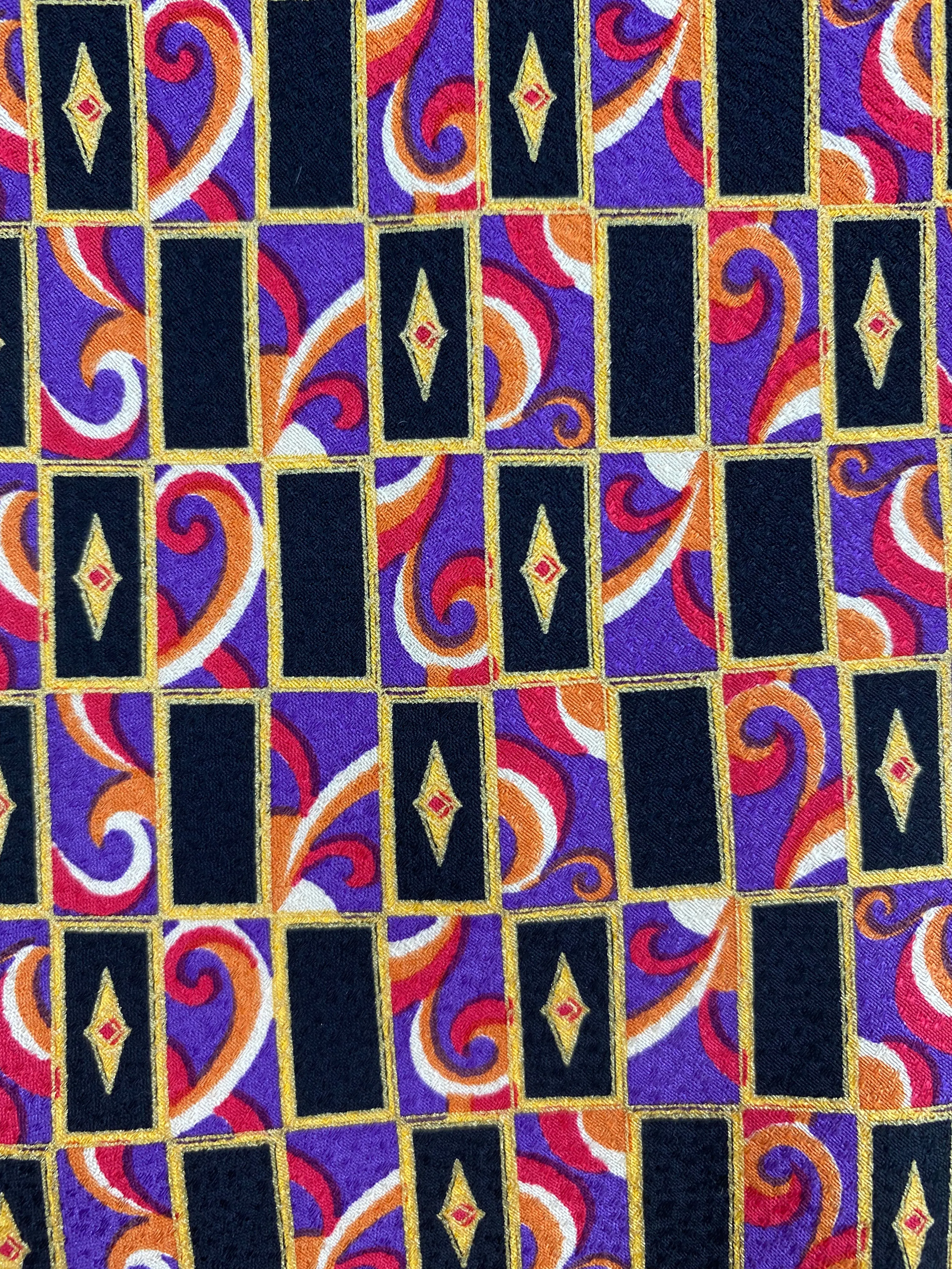 90s Deadstock Silk Necktie, Men's Vintage Purple/ Gold Geometric Pattern Tie, NOS