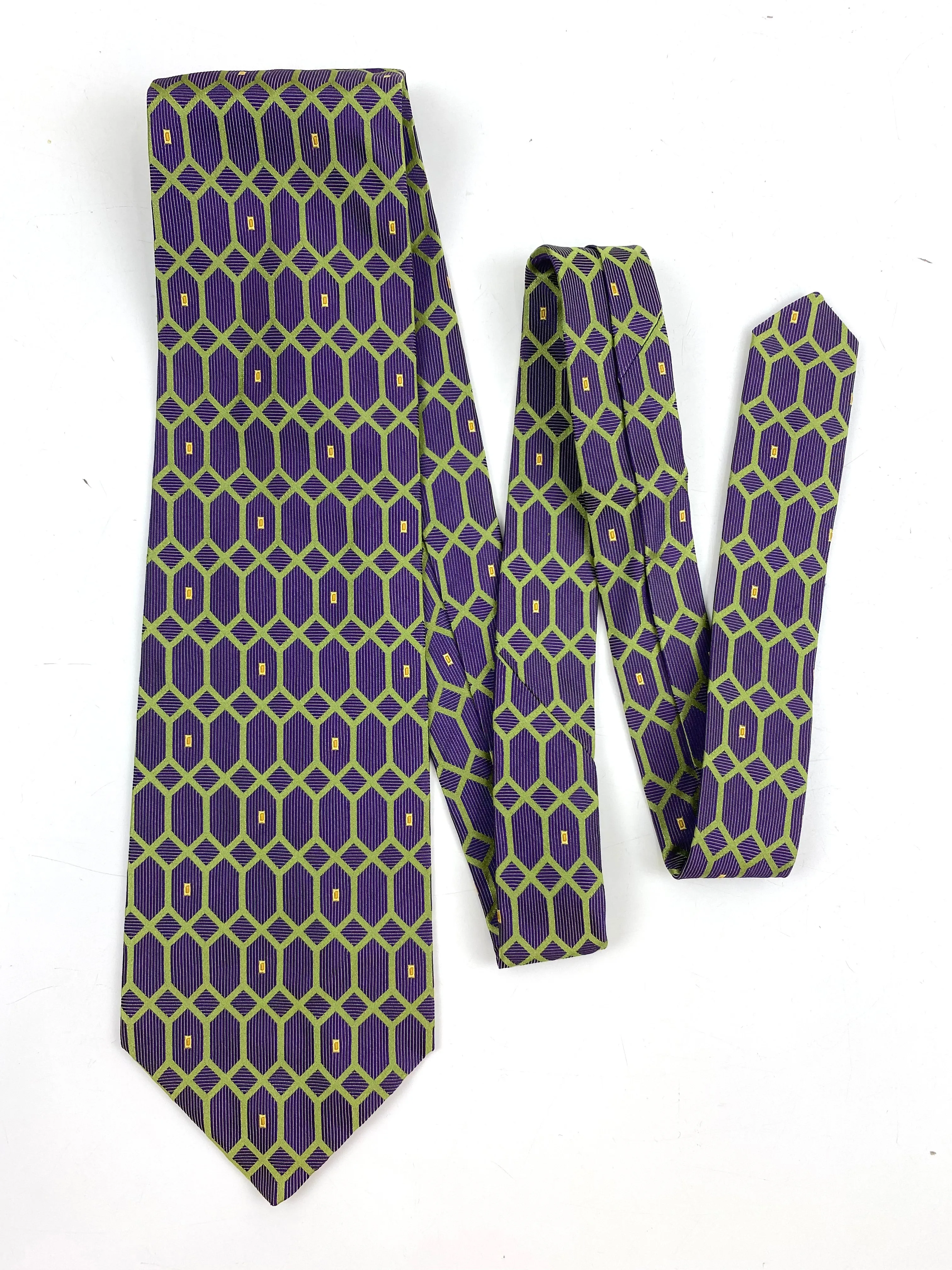 90s Deadstock Silk Necktie, Men's Vintage Purple/ Green Lattice Pattern Tie, NOS