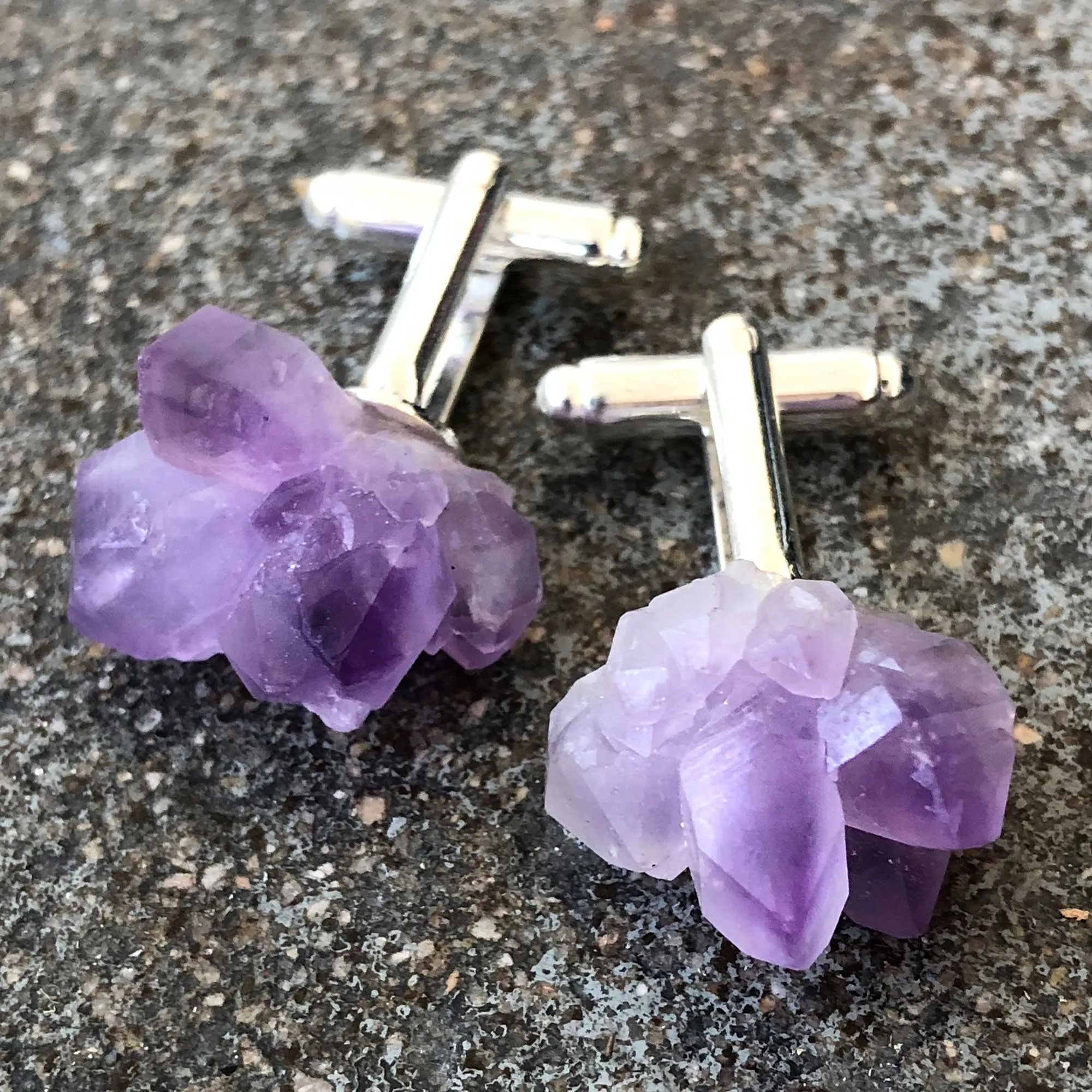 Amethyst Crystal Cluster Cufflinks, raw stone men's cuff links