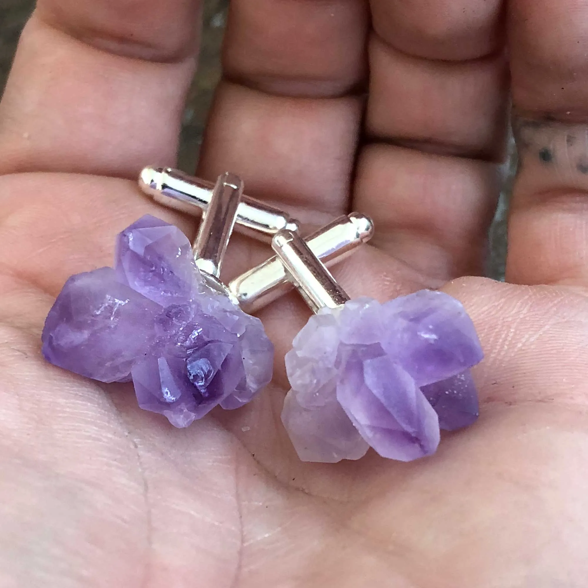 Amethyst Crystal Cluster Cufflinks, raw stone men's cuff links