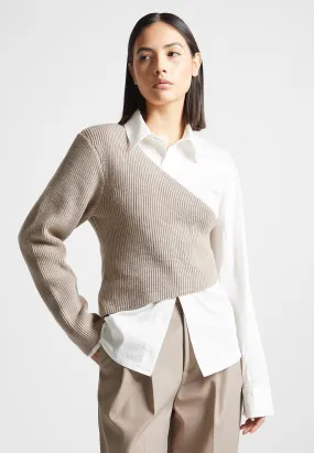 Asymmetric Knitted Overlay Shirt - White/Beige