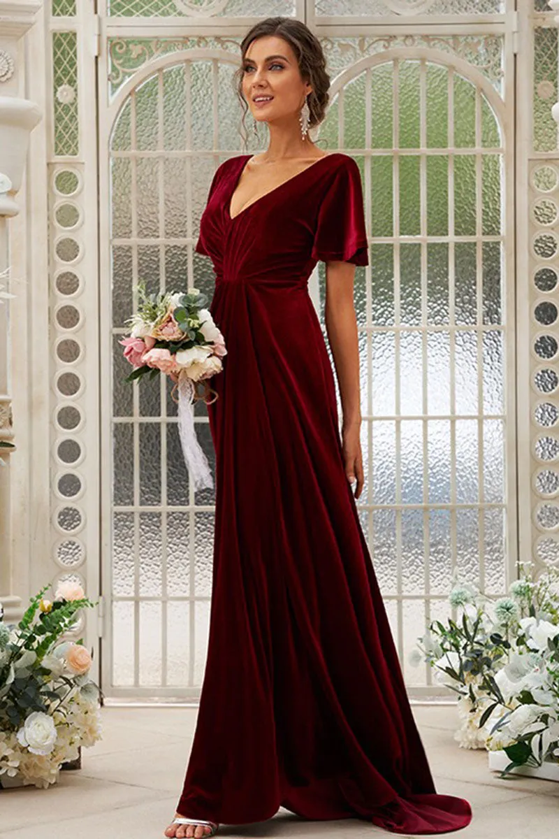 B4050 - V-Neck Short Sleeves Velvet A-Line Long Bridesmaid Dress