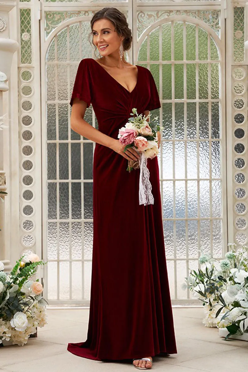 B4050 - V-Neck Short Sleeves Velvet A-Line Long Bridesmaid Dress