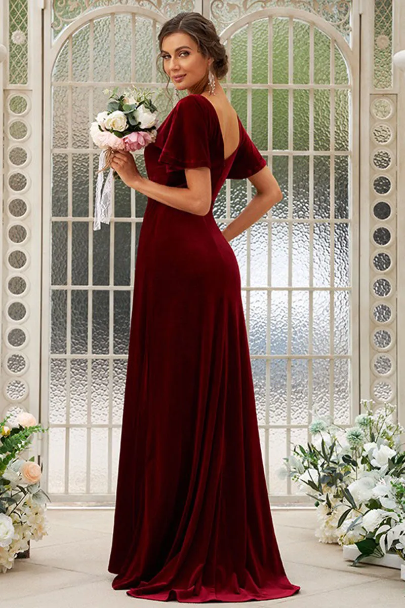 B4050 - V-Neck Short Sleeves Velvet A-Line Long Bridesmaid Dress
