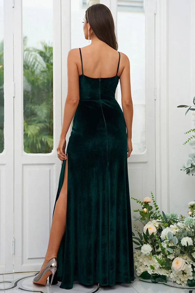 B4059 - Scoop Spaghetti Straps Velvet Sheath Bridesmaid Dress With Slit