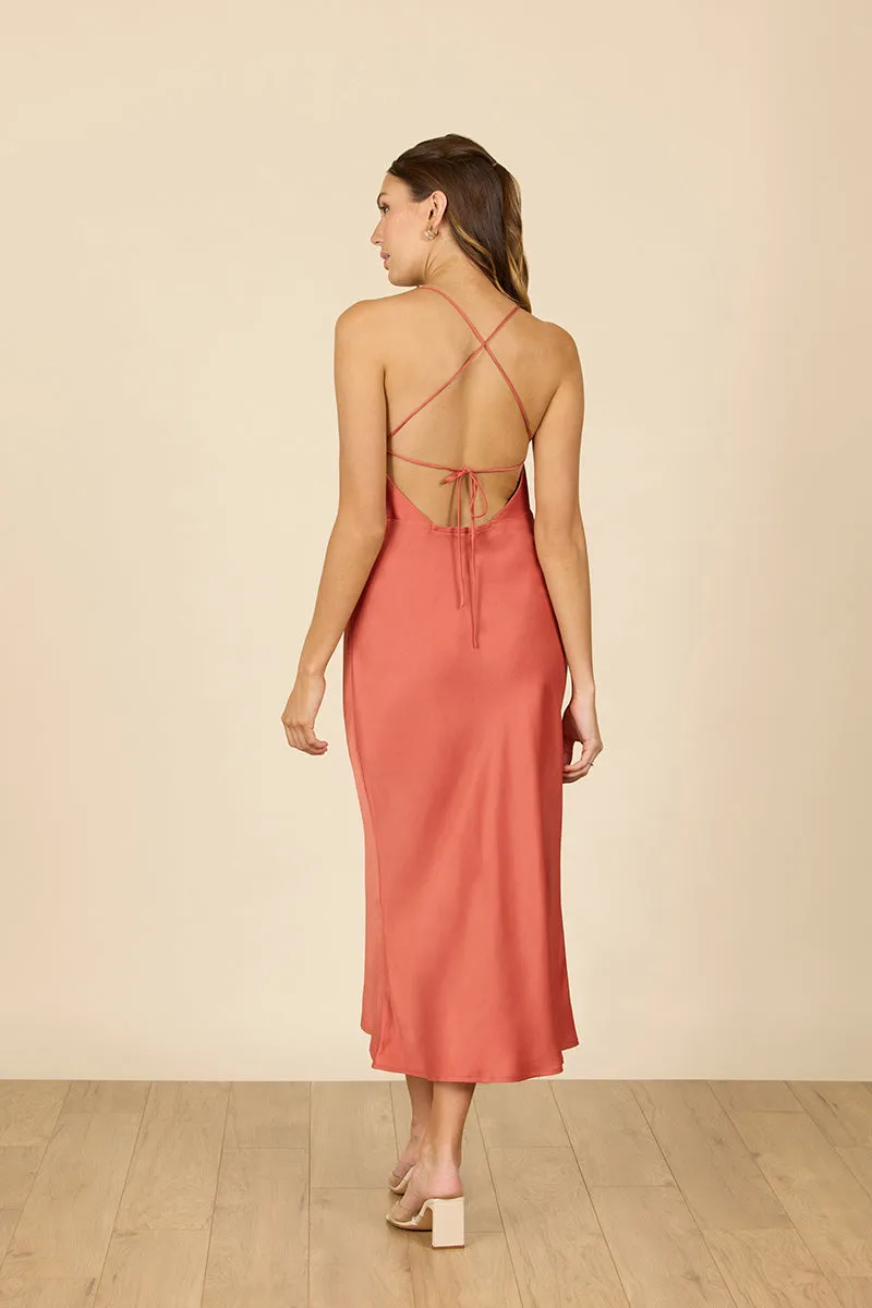 B4082 - V-Neck Spaghetti Straps Satin Sheath Midi Bridesmaid Dress