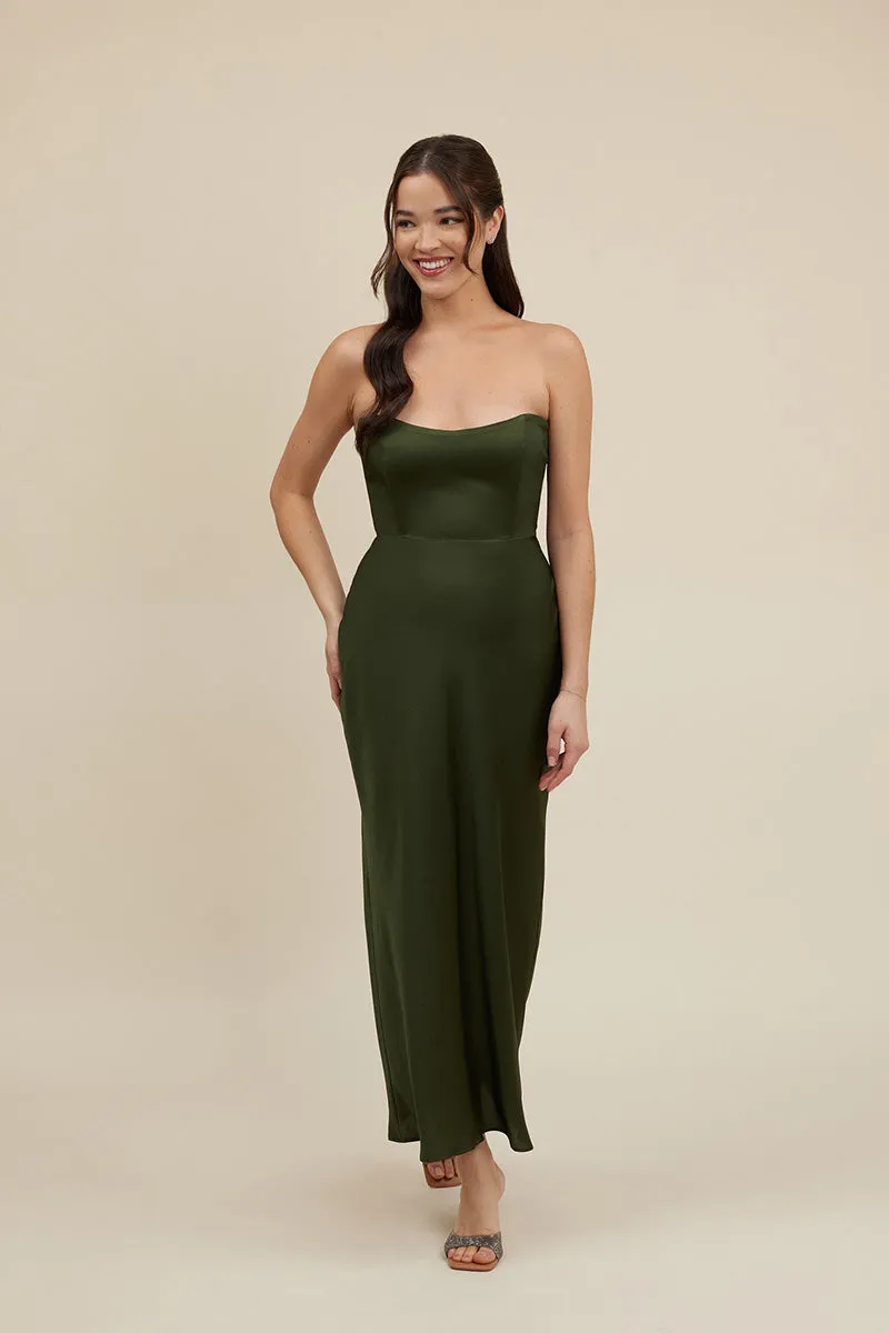 B4100 - Simple Strapless Satin Sheath Long Bridesmaid Dress