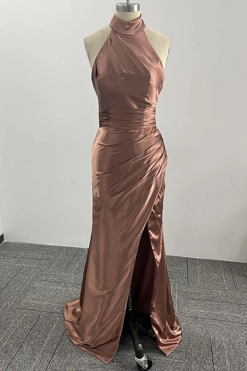 B4187 - High Neck Halter Ruched Satin Sheath Long Bridesmaid Dress With Slit