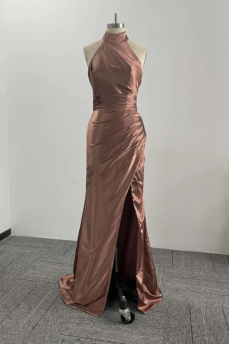 B4187 - High Neck Halter Ruched Satin Sheath Long Bridesmaid Dress With Slit