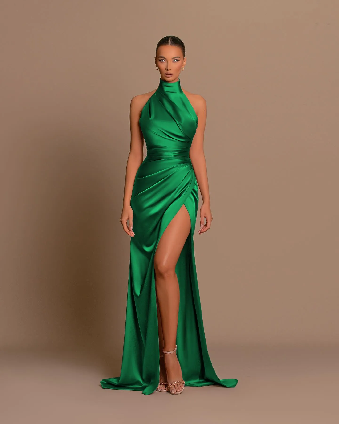B4187 - High Neck Halter Ruched Satin Sheath Long Bridesmaid Dress With Slit