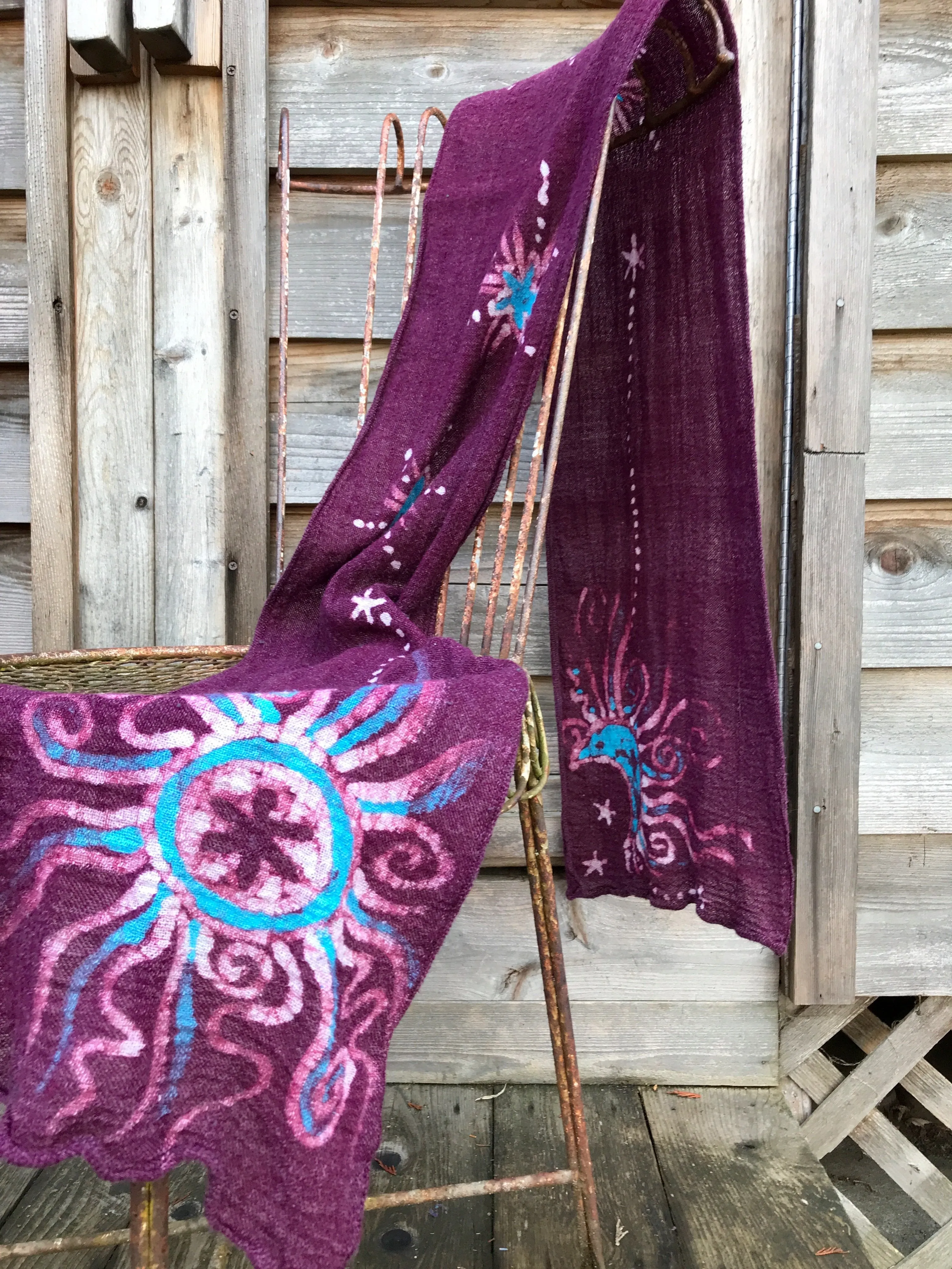 Berry Red & Turquoise Sunburst Handmade Batik Scarf in Organic Cotton - Long