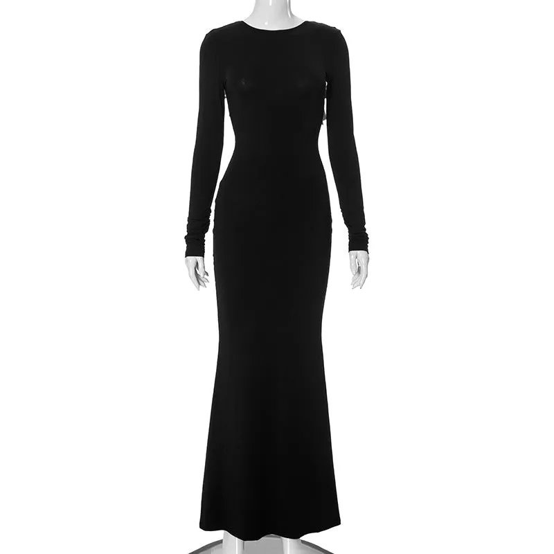 Black Sexy Backless Bow Long Sleeve Narrow Maxi Dress
