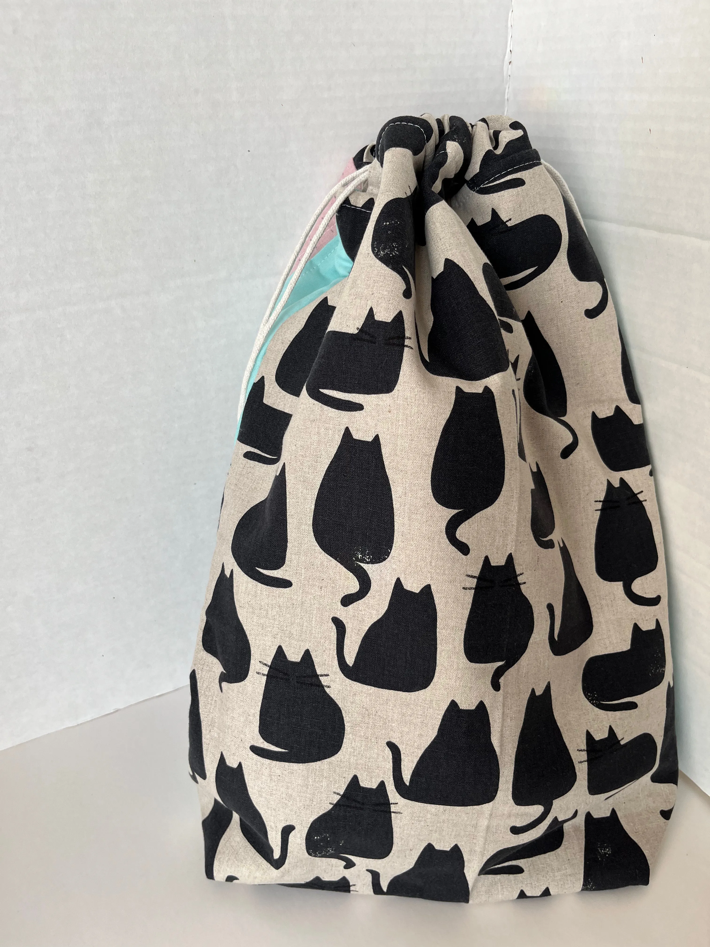 Cat Themed Linen and Canvas Knitting Project Bag