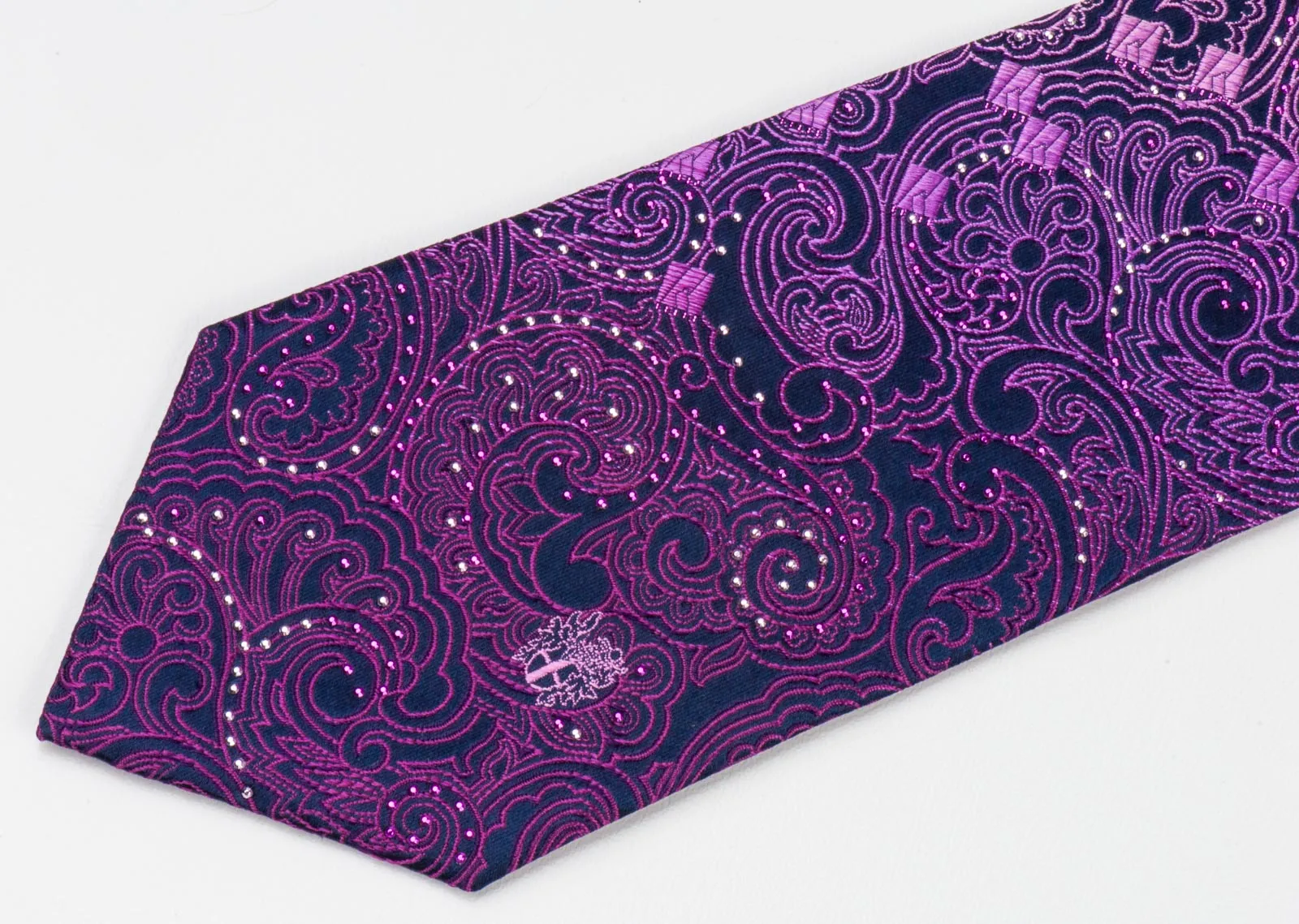 Daks Rhinestone Men's Silk Neck Tie Purple Paisley & Checker Design