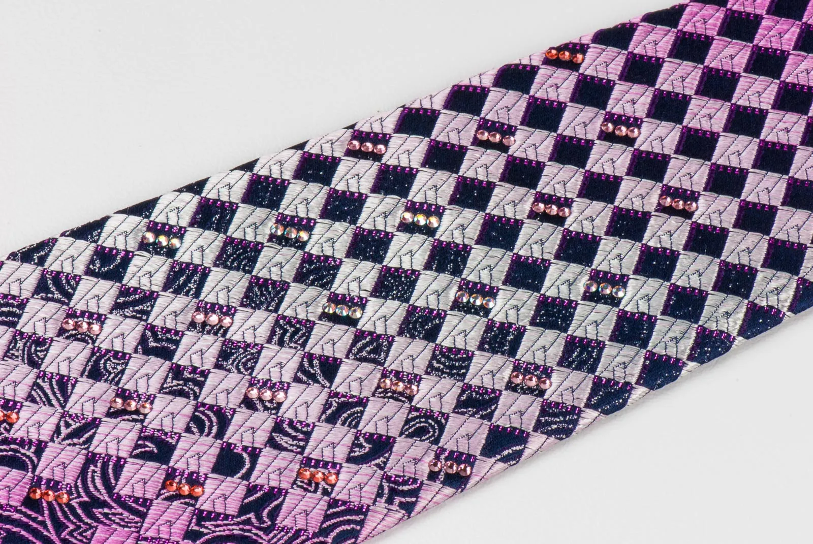 Daks Rhinestone Men's Silk Neck Tie Purple Paisley & Checker Design
