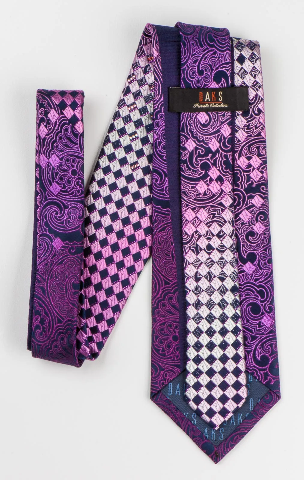 Daks Rhinestone Men's Silk Neck Tie Purple Paisley & Checker Design