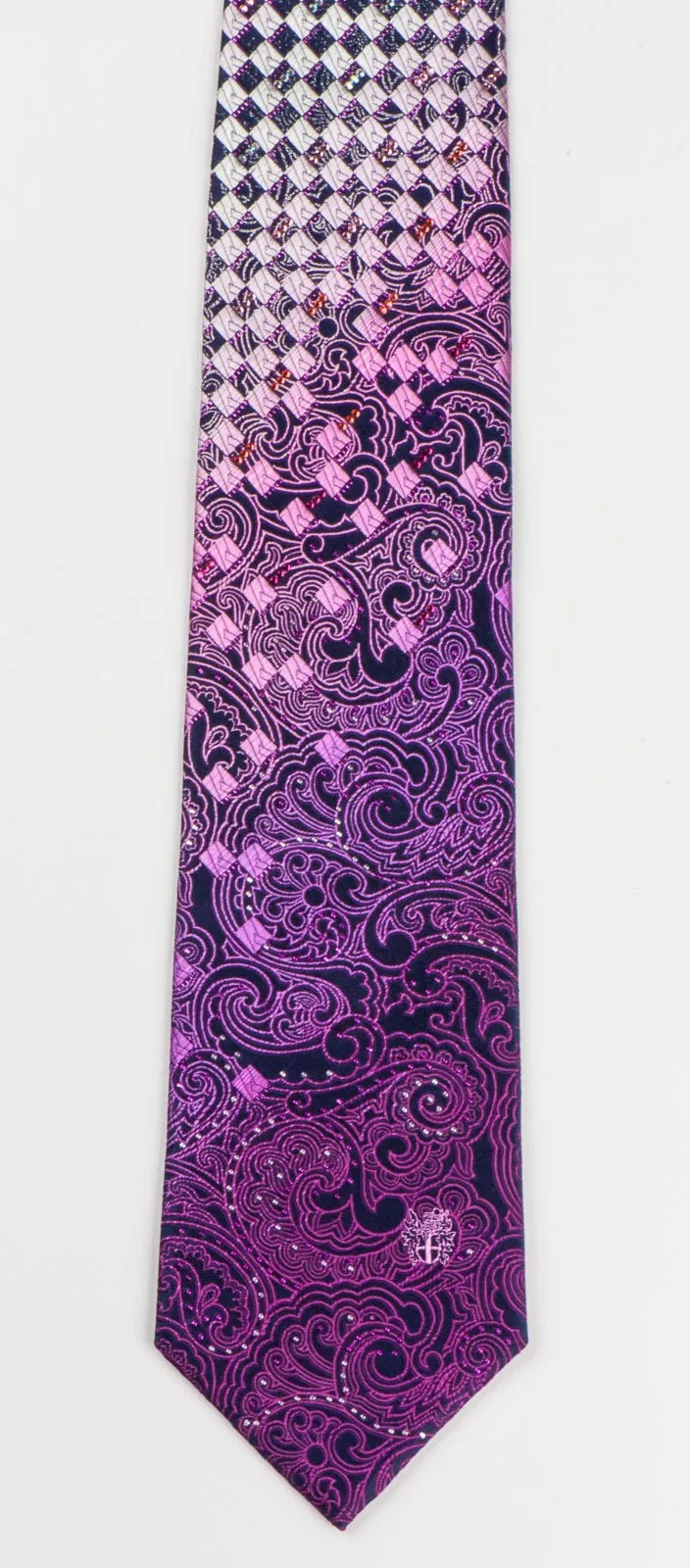 Daks Rhinestone Men's Silk Neck Tie Purple Paisley & Checker Design