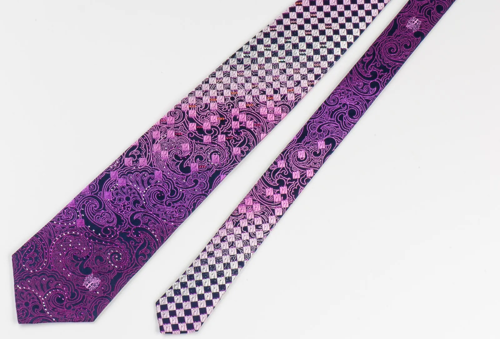 Daks Rhinestone Men's Silk Neck Tie Purple Paisley & Checker Design