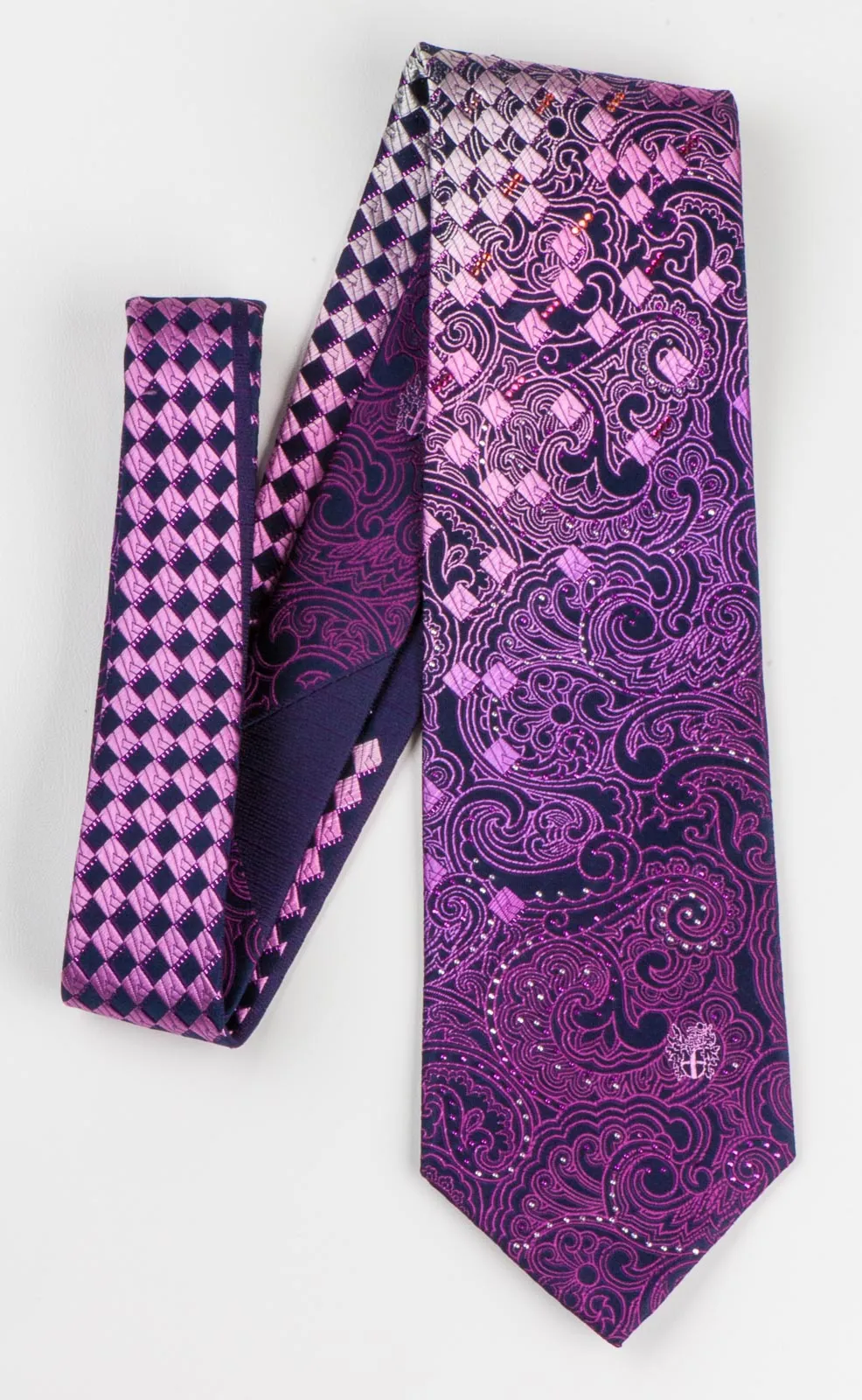 Daks Rhinestone Men's Silk Neck Tie Purple Paisley & Checker Design