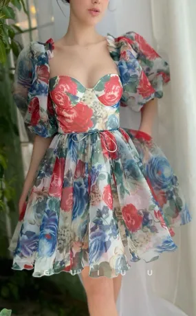GH415 - A line Sweetheart Half Sleeves Floral Vintage Homecoming Dress with Pockets