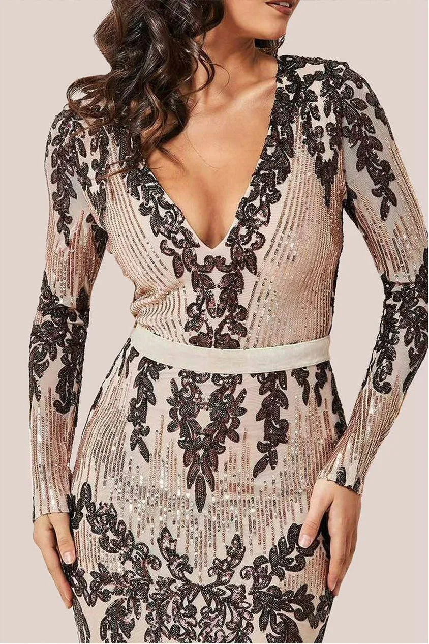 Goddiva Long Sleeve Sequin Evening Maxi Dress - Champagne