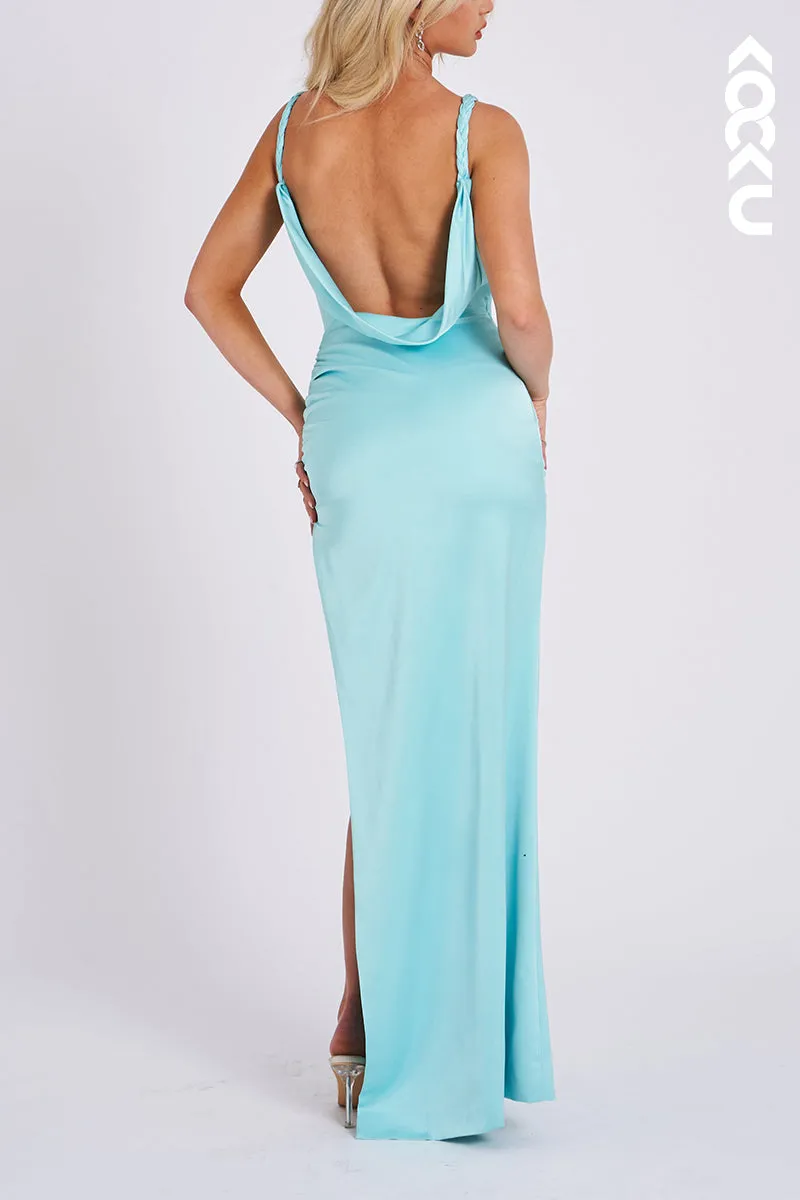L1919 - Scoop Sleeveless Backless Satin Sheath Long Evening Dress With Slit