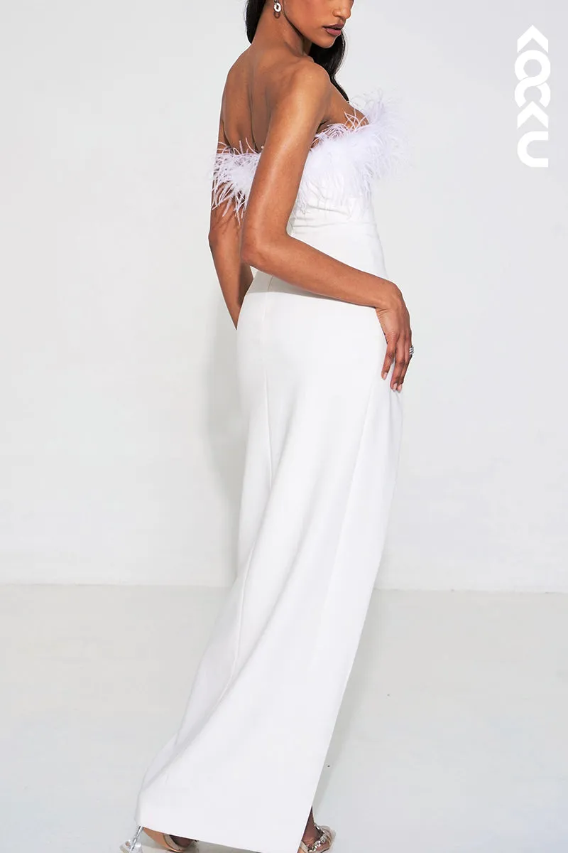 L1929 - Strapless Sleeveless Feather Ruched Satin Sheath Long Evening Dress