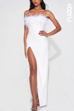 L1929 - Strapless Sleeveless Feather Ruched Satin Sheath Long Evening Dress