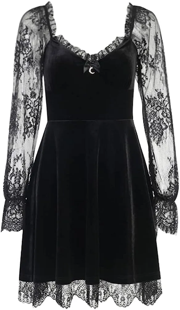 Lace Long Sleeve Black Draped Bodycon Gothic Vintage Dresses