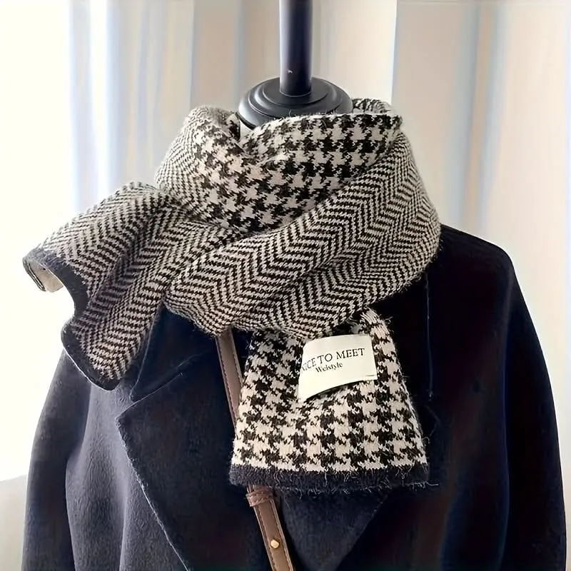 Men's Fashionable Black & White Dog Pattern Scarf – Warm, Soft Polyester Knit