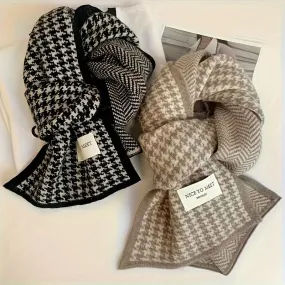 Men's Fashionable Black & White Dog Pattern Scarf – Warm, Soft Polyester Knit