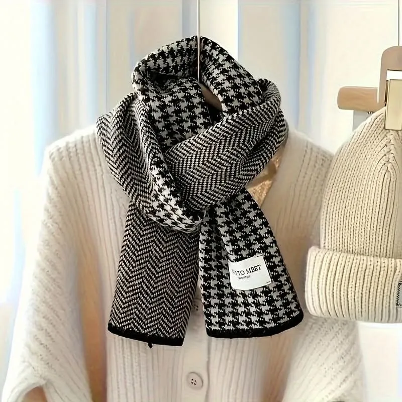 Men's Fashionable Black & White Dog Pattern Scarf – Warm, Soft Polyester Knit