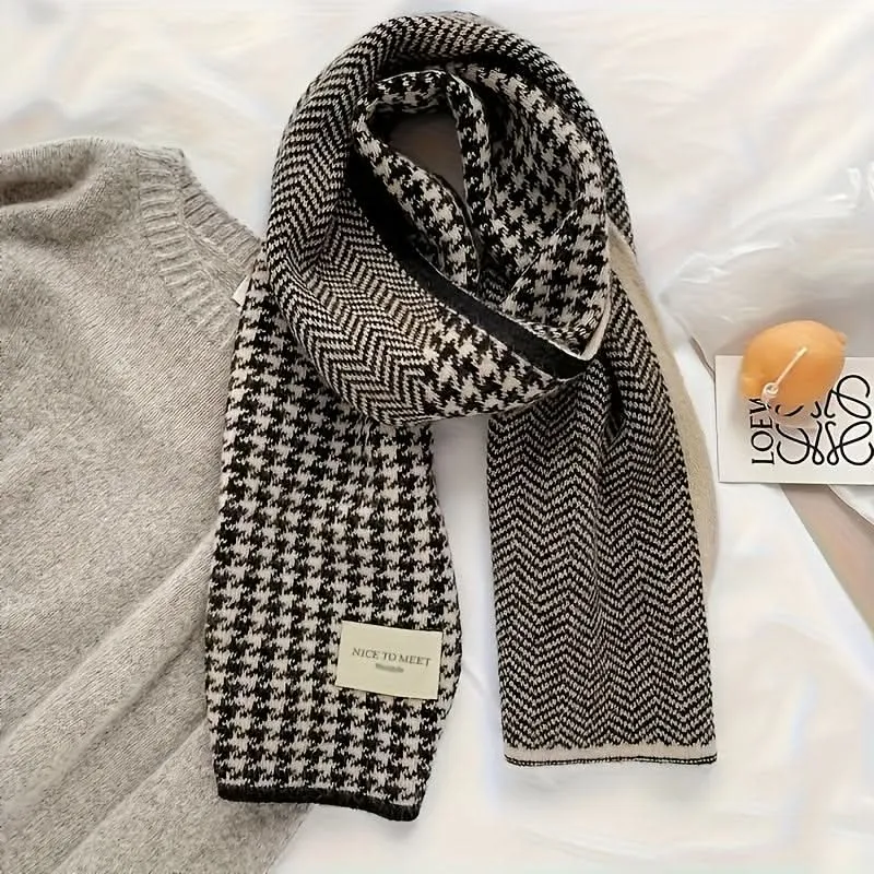 Men's Fashionable Black & White Dog Pattern Scarf – Warm, Soft Polyester Knit
