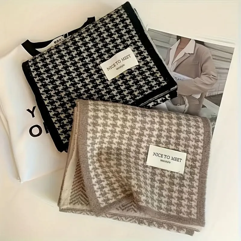 Men's Fashionable Black & White Dog Pattern Scarf – Warm, Soft Polyester Knit