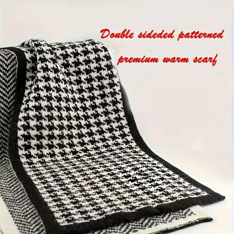 Men's Fashionable Black & White Dog Pattern Scarf – Warm, Soft Polyester Knit